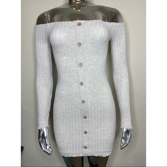 Off Shoulder Long Sleeve Ribbed Mini Dress - Picture 2 of 5